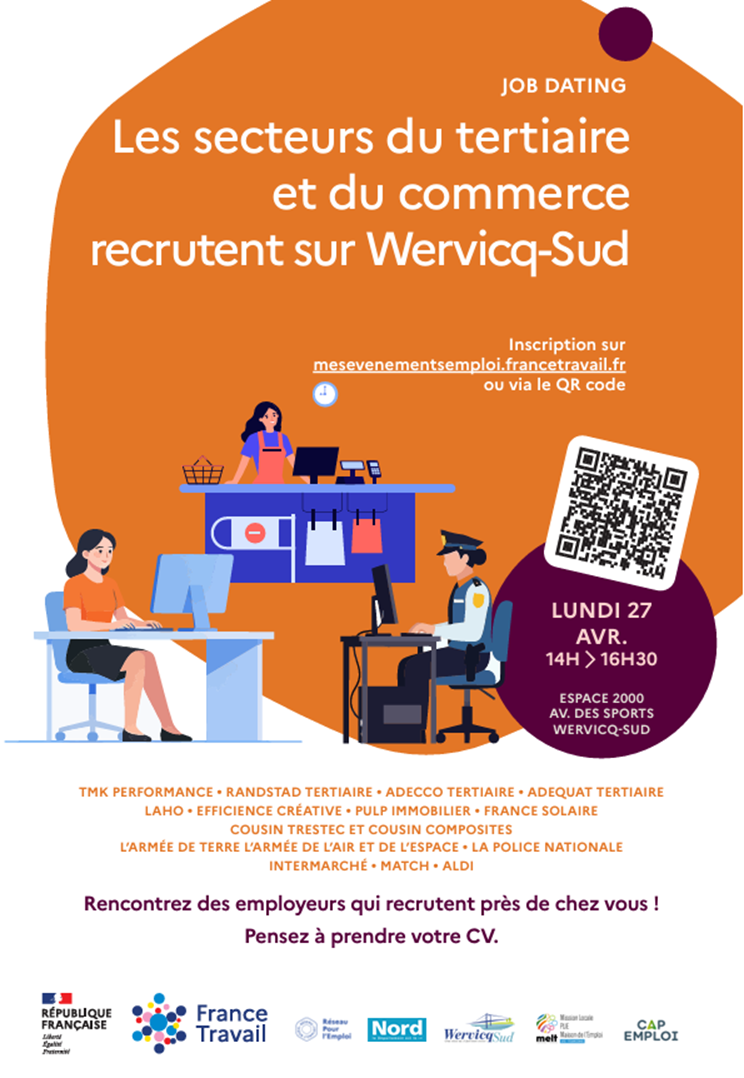 JOB DATING : VENEZ A LA RENCONTRE DES EMPLOYEURS DU TERTIAIRE ET DU COMMERCE À WERVICQ-SUD